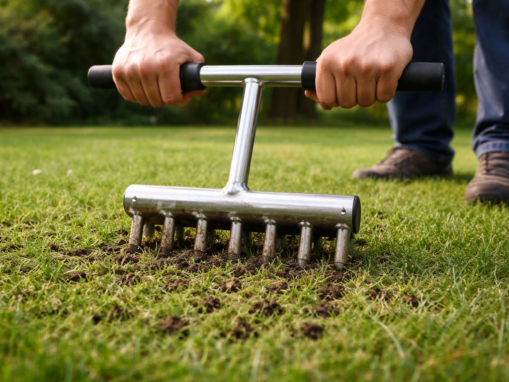Tuinier duwt een holle-pen-aerator in een gazon, met zichtbare gaatjes onder een boom.