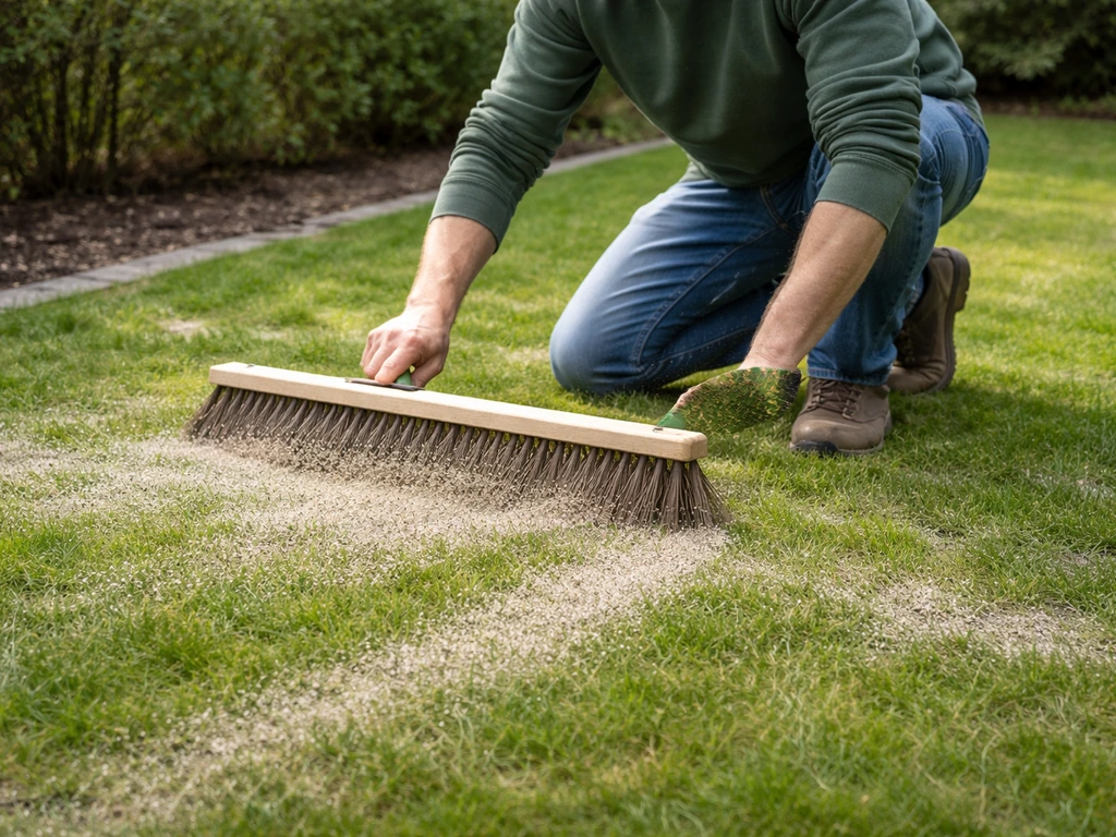 Man werkt grof zand na het beluchten in over het gazon met bezem, met korrelige laag langs de boomrand.