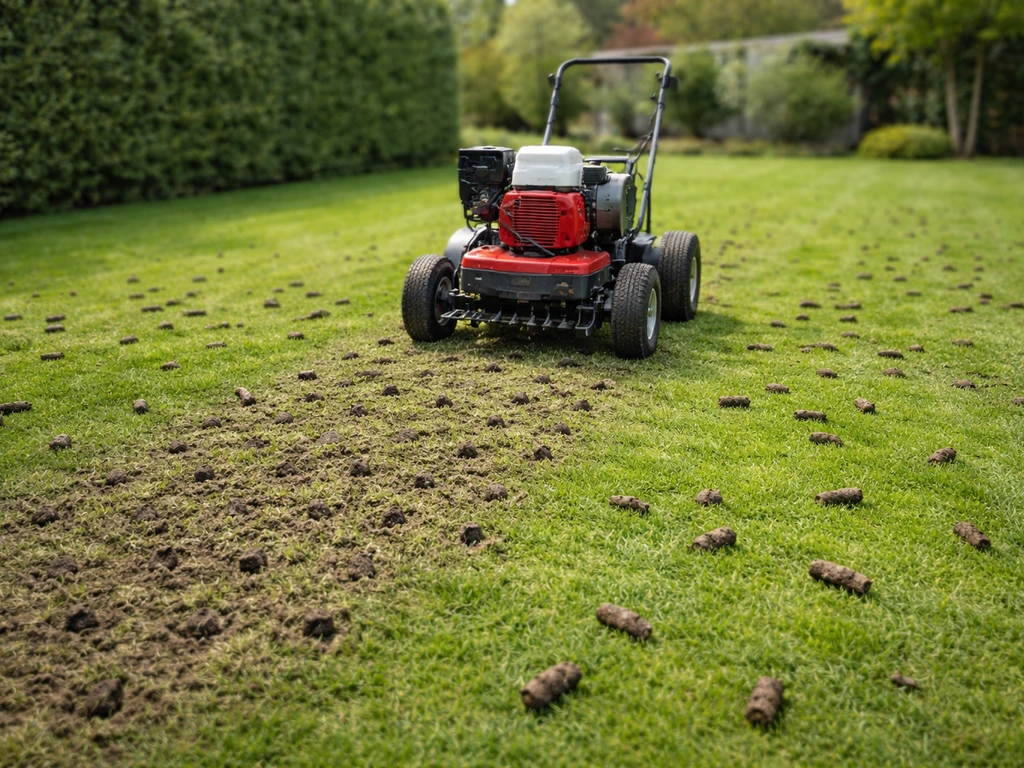 Beluchtingsmachine maakt prikgaten in een Nederlands gazon; bodemverdichting is zichtbaar als donkere, compacte plekken.