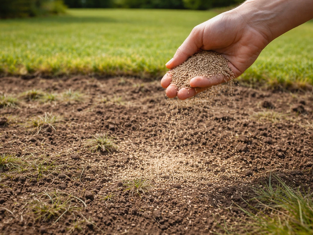 Hand strooit graszaad op een kort gemaaide, losgeharkte kale plek van het gazon, met zichtbare aarde.