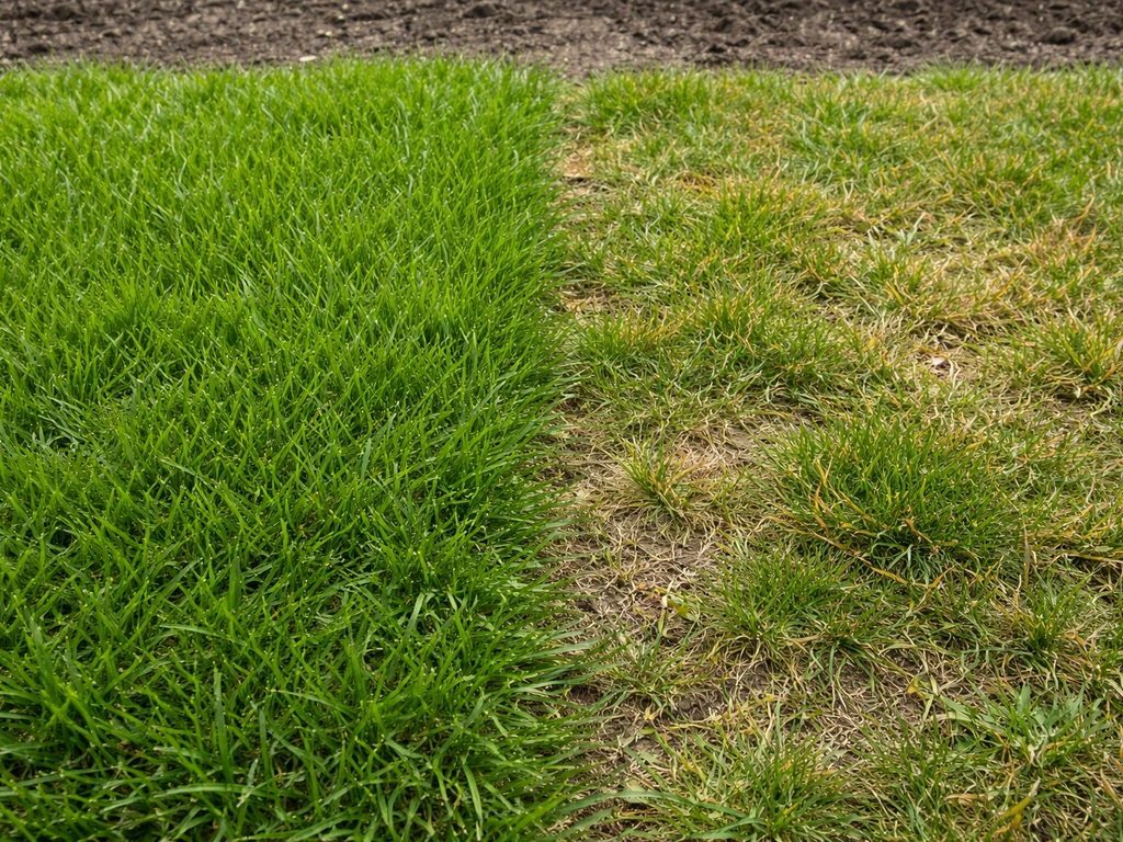 Close-up van een gazon met gezonde grasmat naast een verdicht, ongelijk groeiend stuk gras