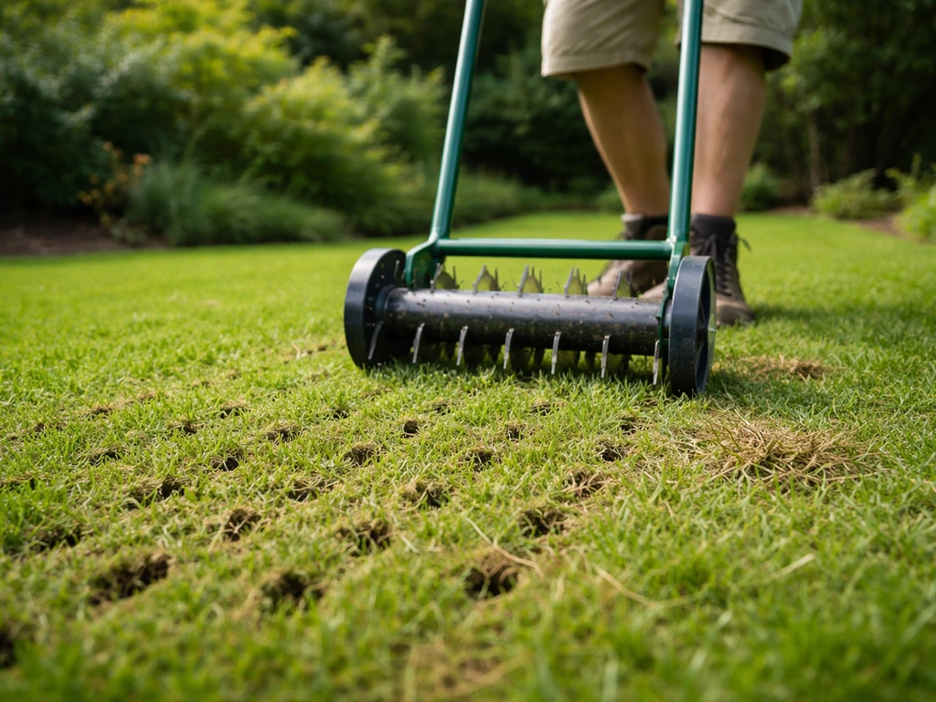 Beluchtingswerk in een gazon: handmatig prikapparaat maakt zichtbare kleine gaatjes in het gras.