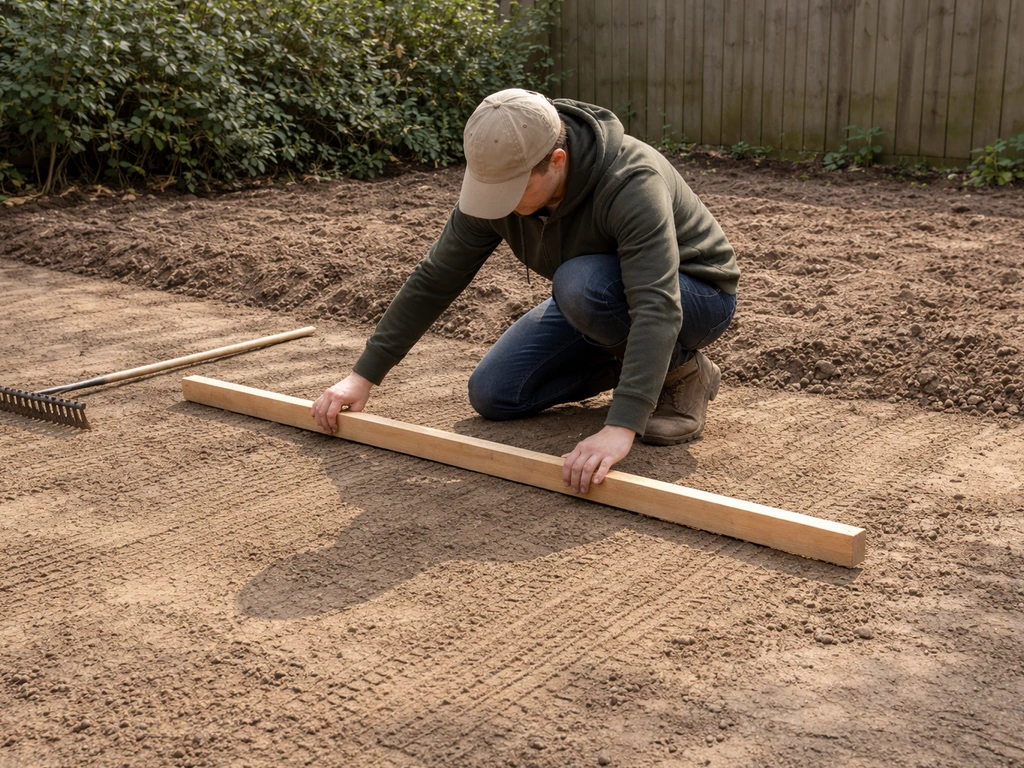 Tuinier egaliseert aarde met tuinhark en controleert vlakheid met een rechte balk voor drainage.