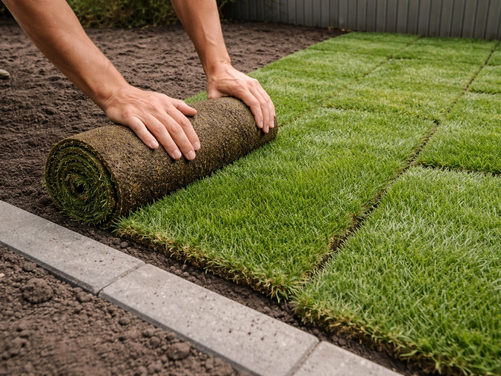 Rolgras dat in een rechte lijn langs een tuinrand wordt uitgerold, met volgende stroken in verband.
