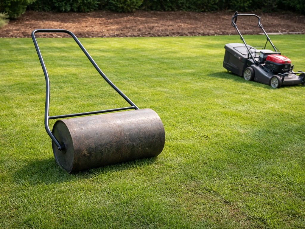 Tuinroller rolt over vers gelegd gazon; grasmaaier ligt klaar voor nazorg en groeicontrole.