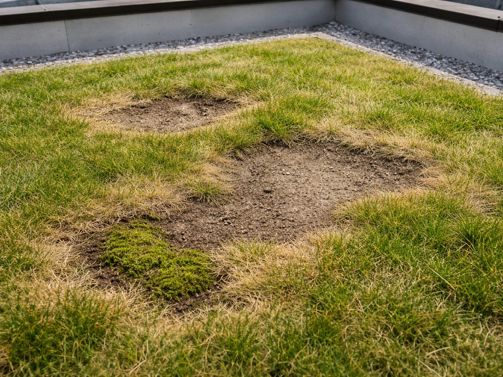 Close-up van een dakgazon met kale plekken, geel droog gras en een klein mosrandje op het dak