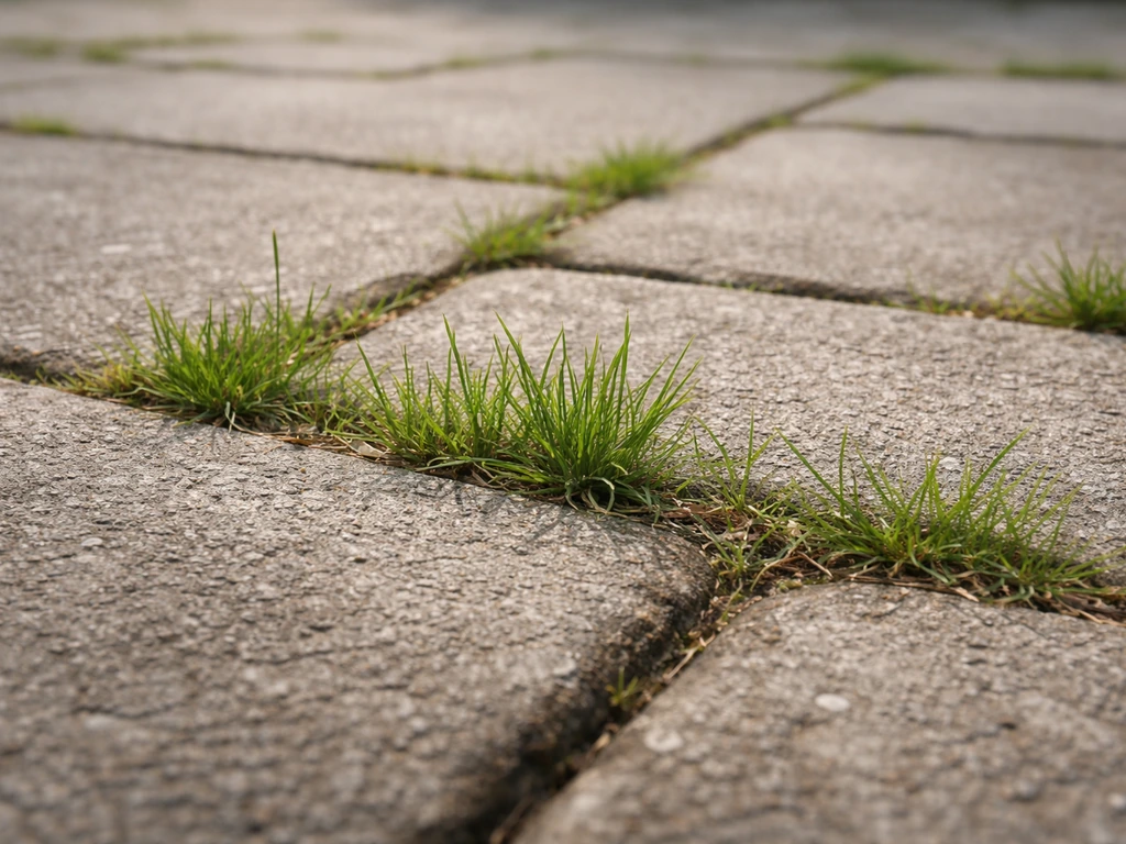 Close-up van bestratingstegels met gras tussen de voegen op een terras/oprit in Nederland.