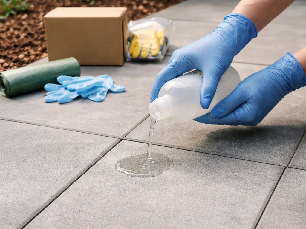 Handen in handschoenen bij tegels, legale veiligheidsverpakking en generieke fles als context voor veilig middelgebruik.