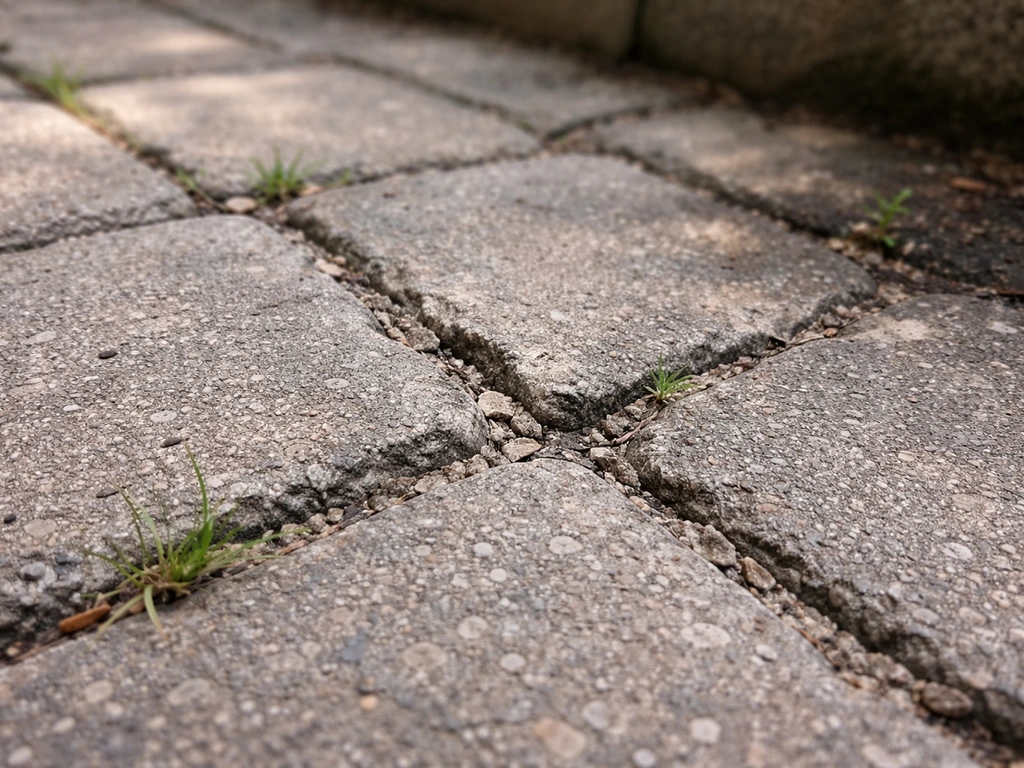 Close-up van kapotte voegen tussen klinkers op een terras, met zichtbaar onkruid en vochtige plek.