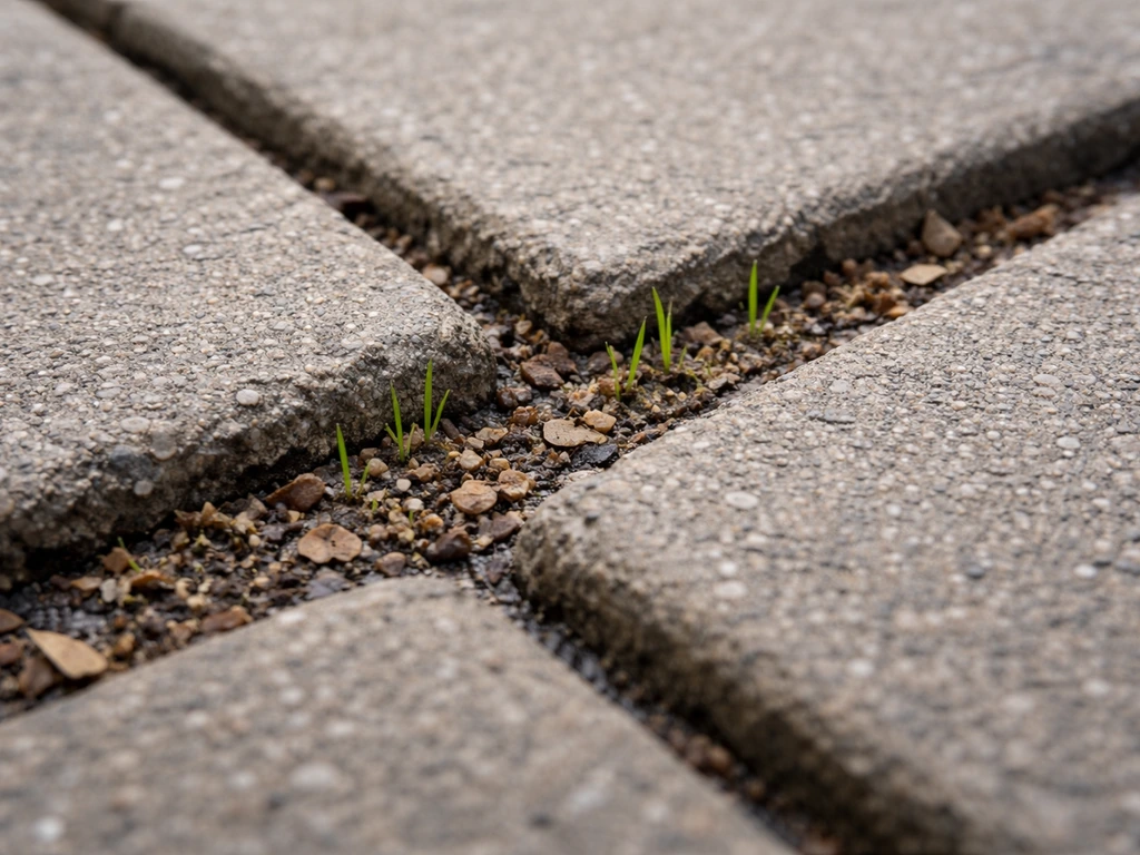 Close-up van kasseien met kleine groene gras/puntjes en opgehoopt organisch materiaal in de voegen