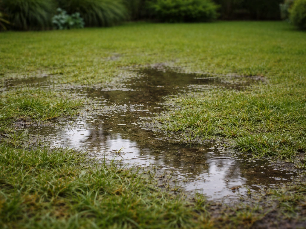Te nat gazon in de tuin met plassen en een ingezakte, doffe grasmat die zichtbaar nat is.