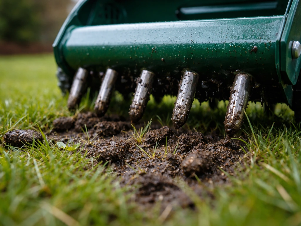 Close-up van een gazonbeluchter die nat gras prikt en gaatjes/plugjes maakt in een tuin.