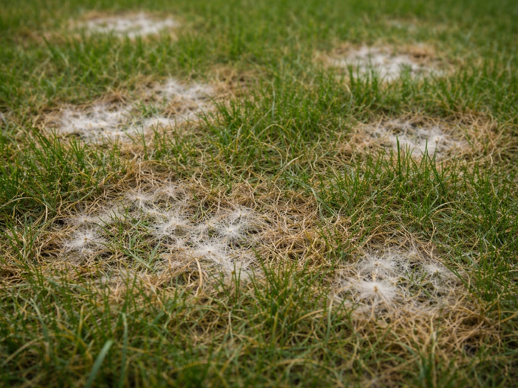 Close-up van een gazon met wittige schimmelvlekken en ovale kringen in het gras