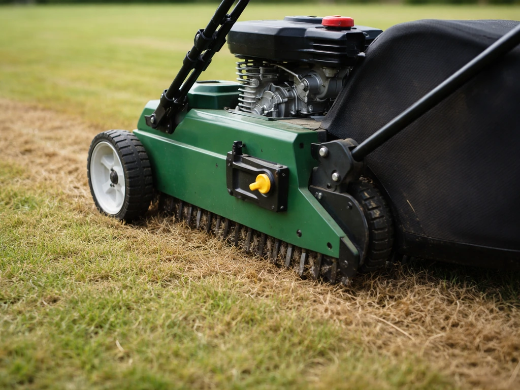 Verticuteermachine die droog gazon bewerkt, met werkdiepte-instelling duidelijk zichtbaar.