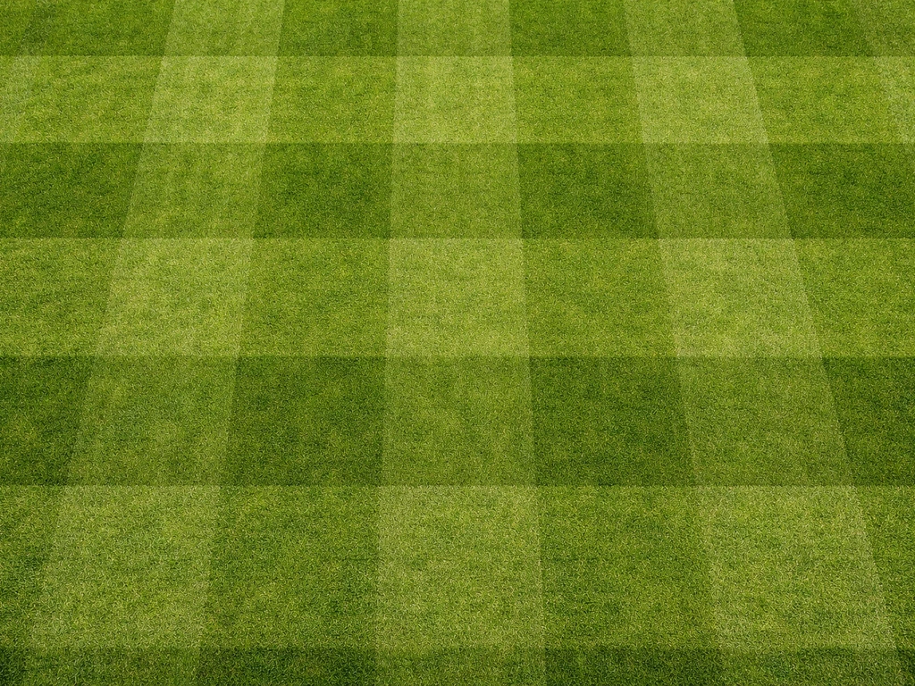 Bovenaanzicht van een gazon met kruislings ingezaaide banen die netjes overlappen in een herhalend patroon.