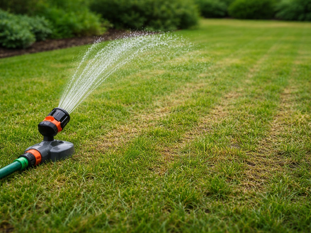 Tuinleiding die een gazon net na het verticuteren besproeit, water spuit helder maar niet drassig.