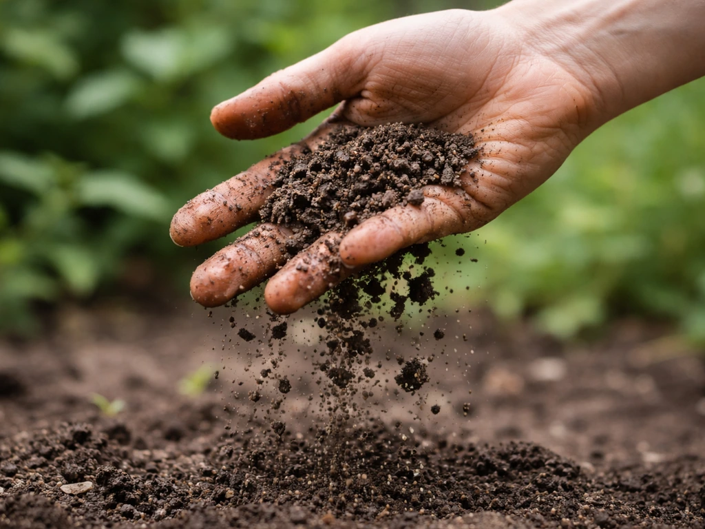 Hand met vochtige zandgrond die bij het openen direct uit elkaar valt in een stille tuinsetting.