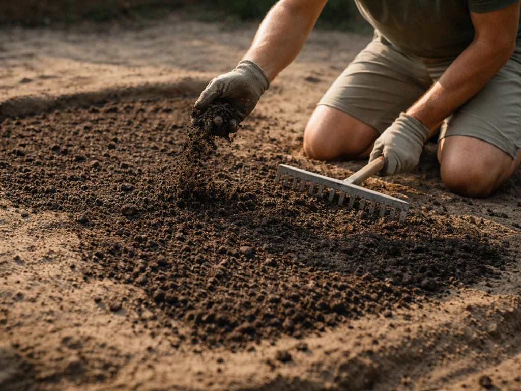 Tuinman brengt compost op zandgrond en harkt de bodem vlak voor het inzaaien van gras
