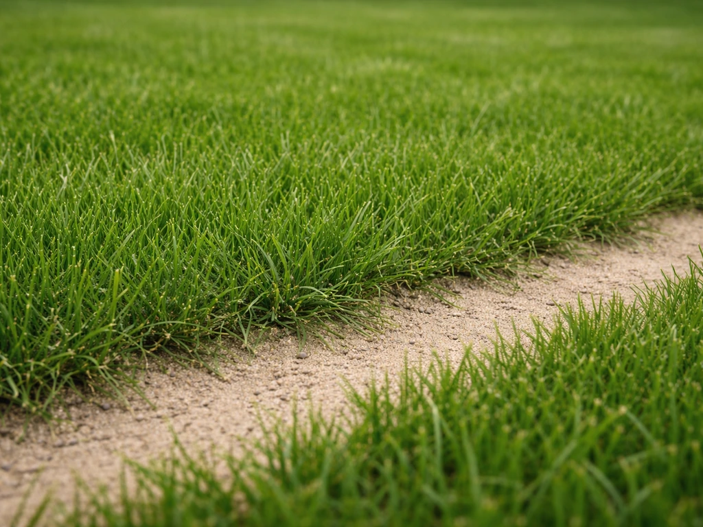 Hoog gemaaid gazon op zandgrond, met graslengte rond 6–7 cm zichtbaar en bodem bedekt.