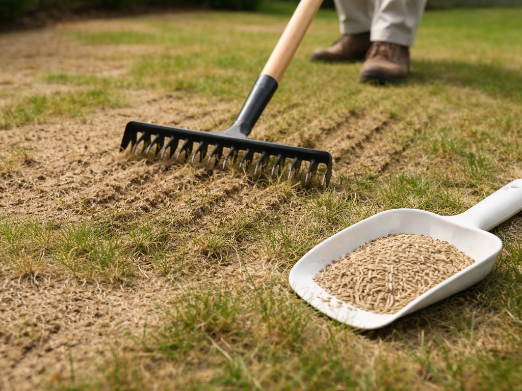 Verticuteren op een zandgazion met kale en gele plekken; graszaad klaar om direct bijgezaaid te worden.
