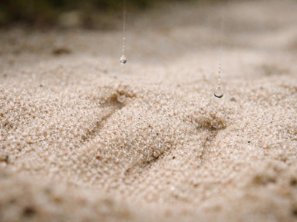 Regendruppels die snel in wit zand trekken; natte plekken blijven minimaal en het oppervlak oogt droog.