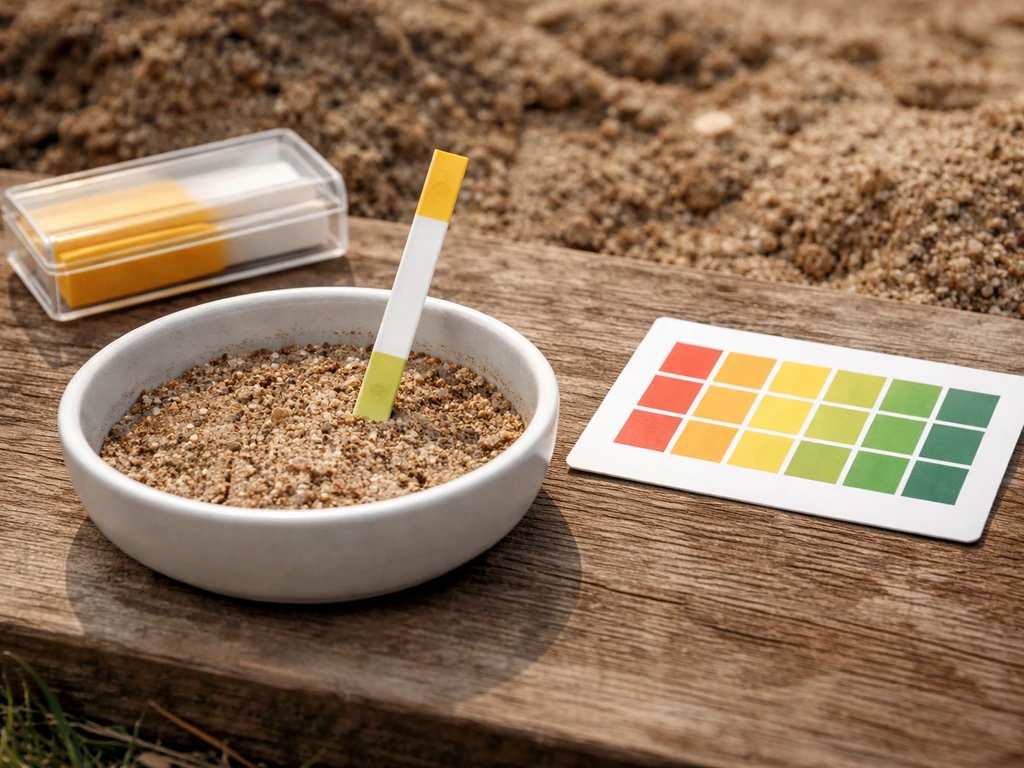 Bodemtest met pH-strip in zanderige grond, naast een kleine meetset en duidelijke indicatiekaart
