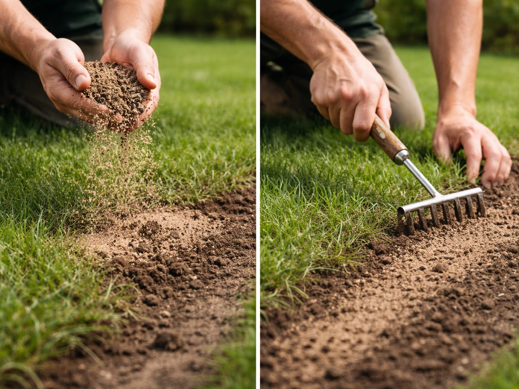 Handen die een zand-organische mix over een gazonrand strooien en vlak inwerken met een hark