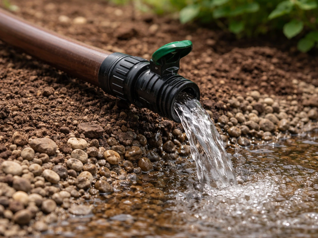 Spoelventiel aan het eind van een druppelleiding met zichtbaar stromend water dat helder wordt