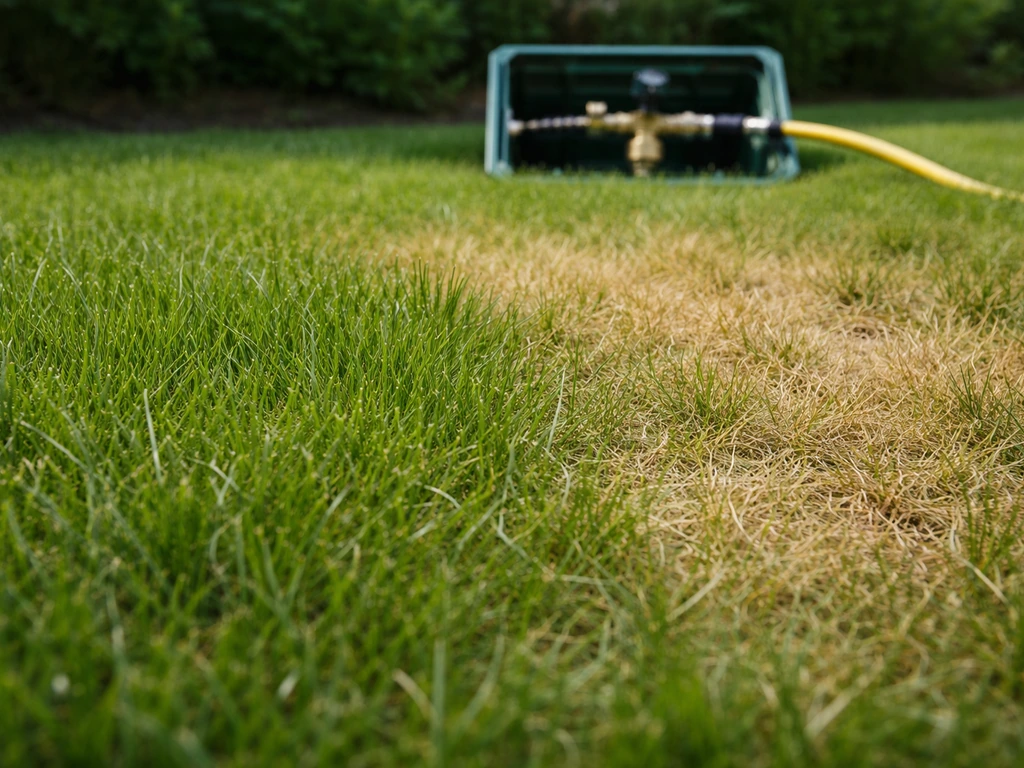Close-up van een gazon met duidelijke droge plek en, op de achtergrond, een open filter/drukregelaar-installatie bij de
