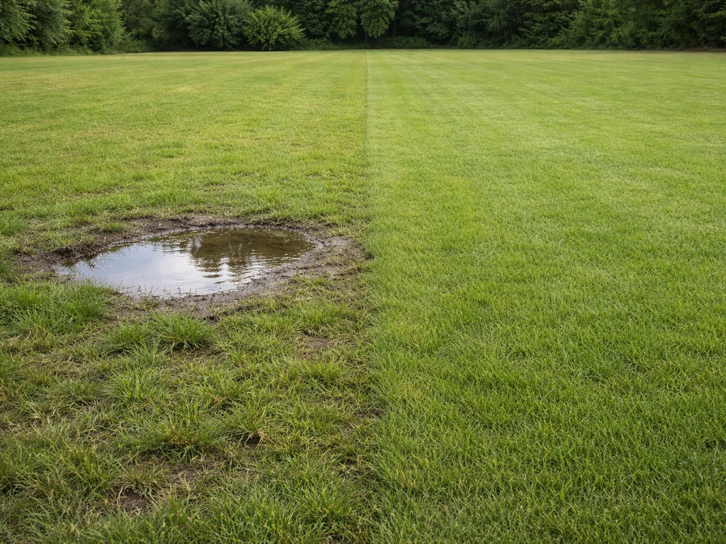 Minimaal gazonbeeld met zichtbare kuil waar water blijft staan tegenover een vlak geëgaliseerde strook