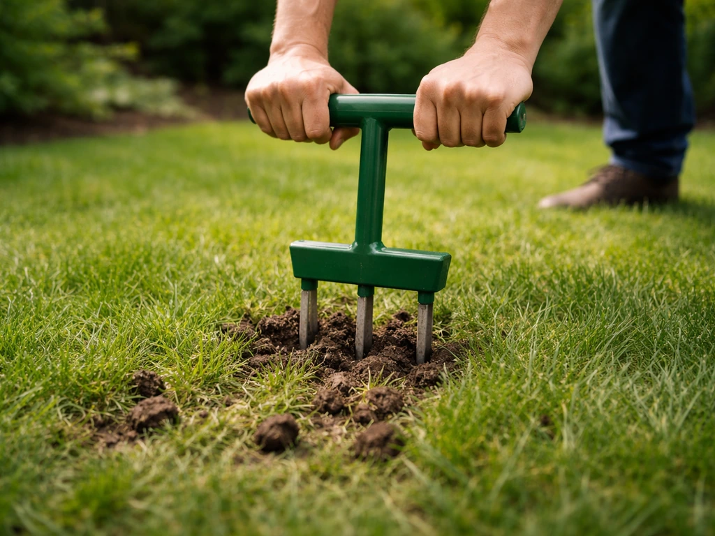 Tuinman-achtige handen duwen een gazonprikker in een bestaand gazon; grond gaat open bij het ophogen.
