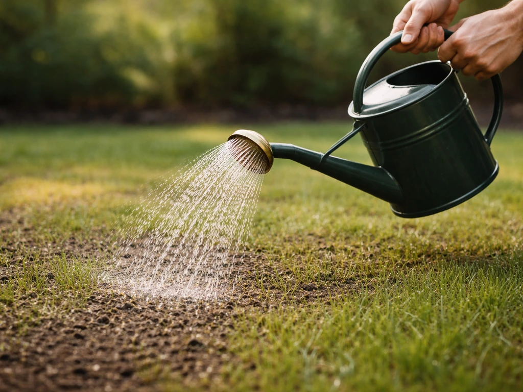 Tuinier geeft voorzichtig water na doorzaaien met fijne sproeikop, in een eenvoudige gazon-setting.