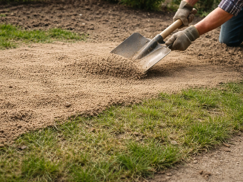 Hand die een te dikke toplaag over gras legt; gras lijkt verstikt onder de laag.