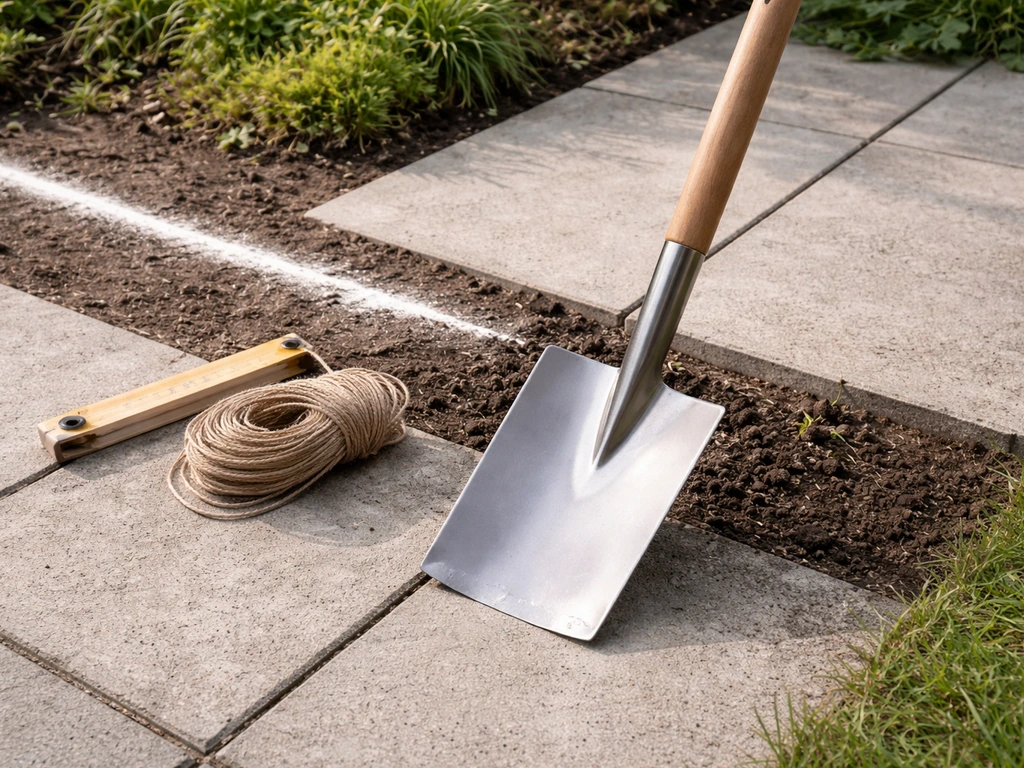 Scherpe border spade en meetlint op een terrasrand, met kalklijn en touw voor grasafsteken.
