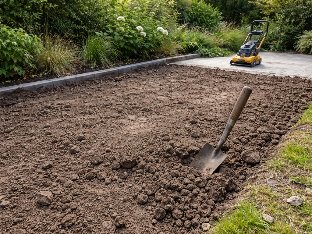 Losse grond na het verwijderen van graszoden, met randzone en een trilplaat klaar voor nivelleren/verdichten.