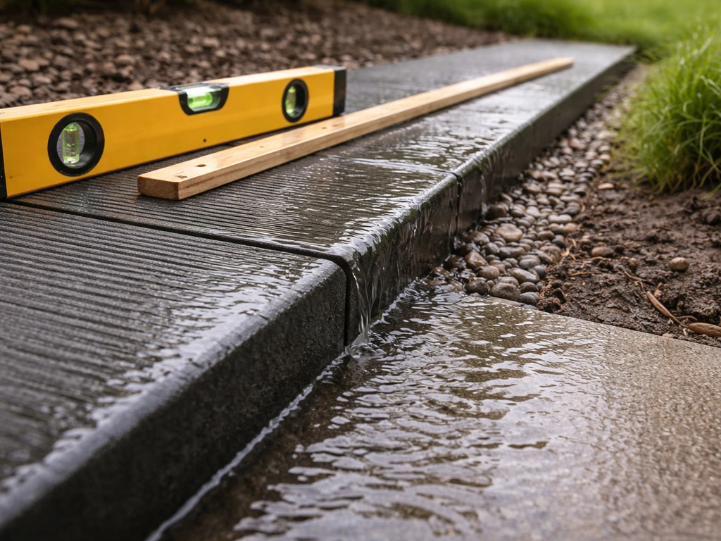 Dun stromend water loopt langs een licht aflopend terras naar een rand met grind en tuin.