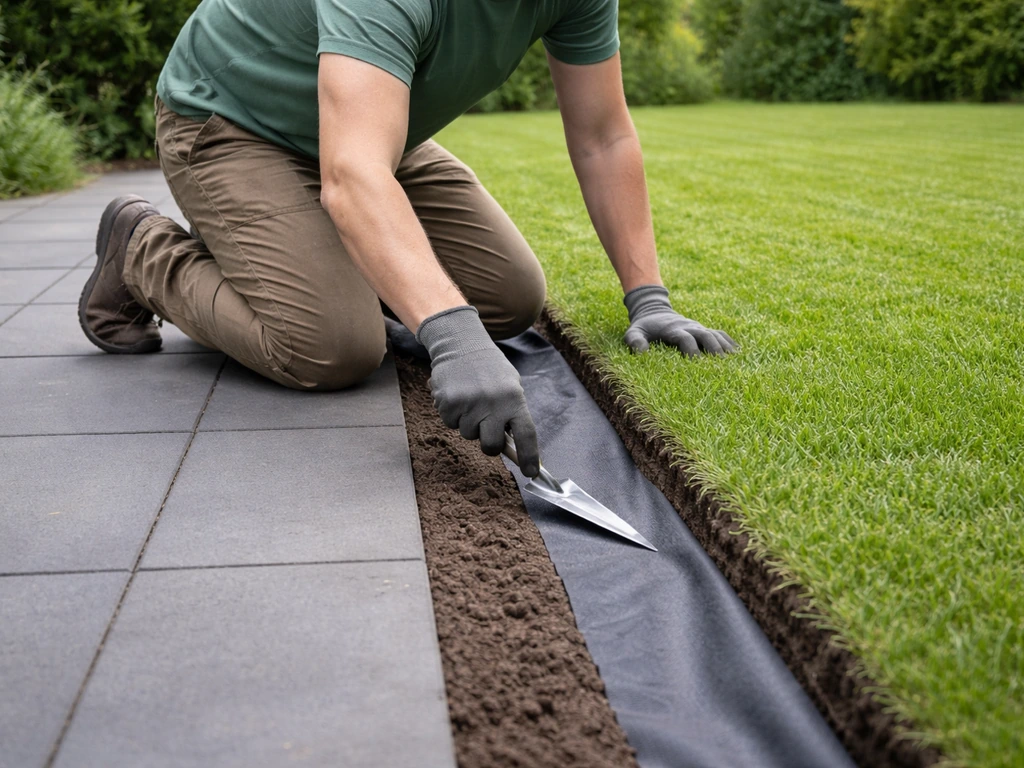 Tuinman legt een nette rand af tussen graszoden en bestrating met afdekmateriaal tegen teruggroei.
