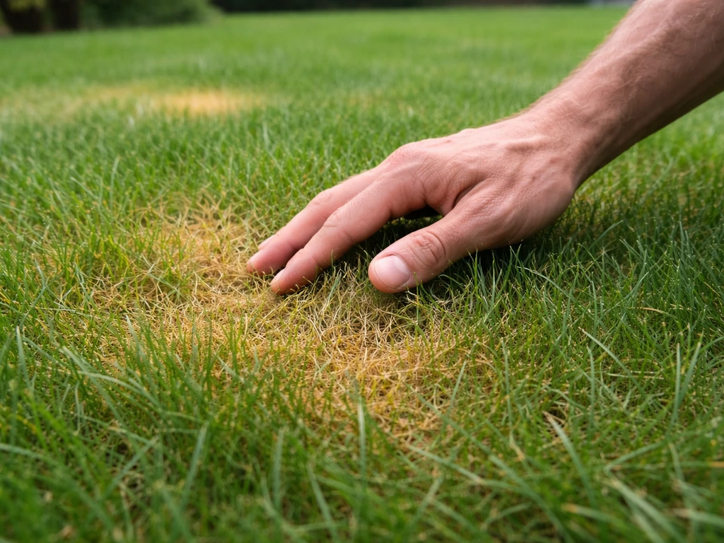 Close-up van gazon met gele vlekken terwijl iemand het gras inspecteert