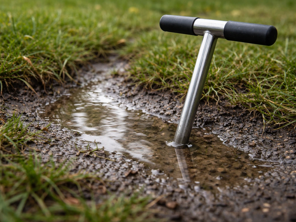 Regenwater dat na een bui op het gras blijft staan tussen tegels; verdichte, slecht doorlatende bodem zichtbaar