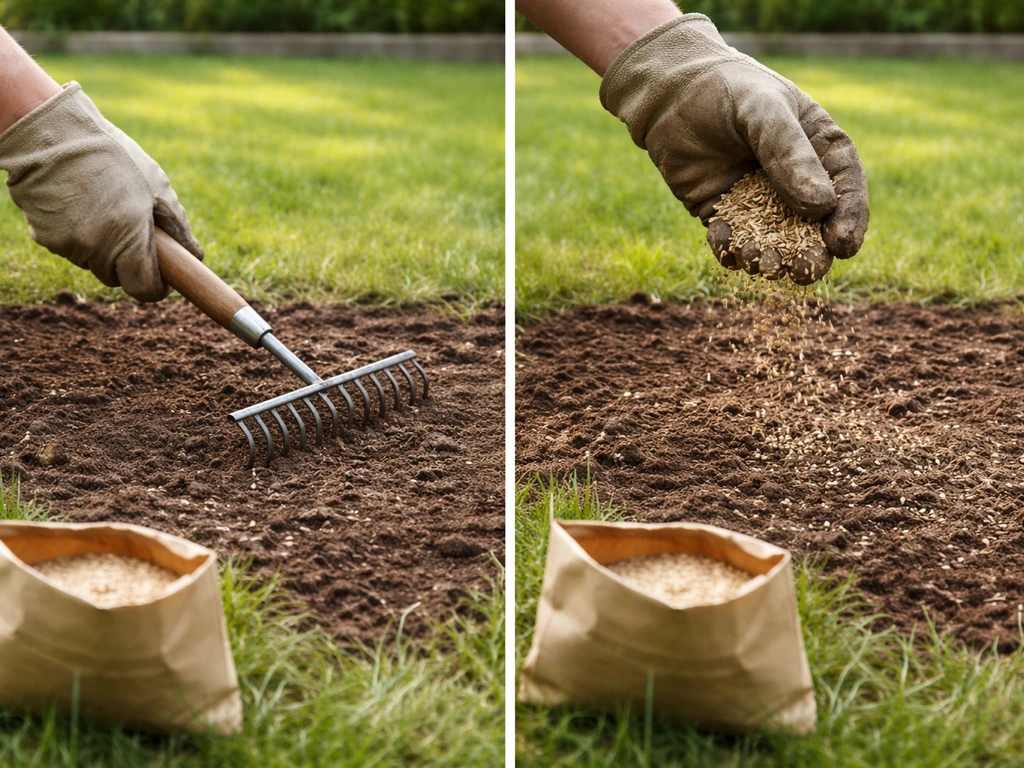 Hand met hark die een kale plek in het gazon losmaakt en doorzaait, met vers graszaad in de buurt.