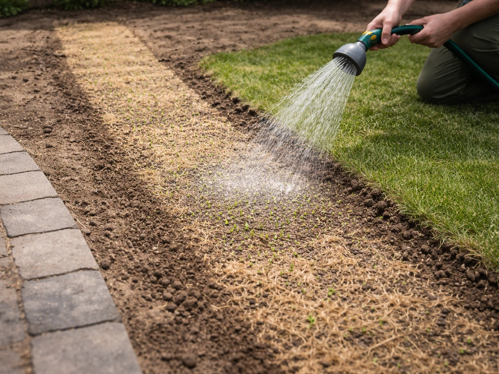 Vers ingezaaide gazonstrook met mulch en net water, terwijl een gieter/beregeningsslang wordt gebruikt.