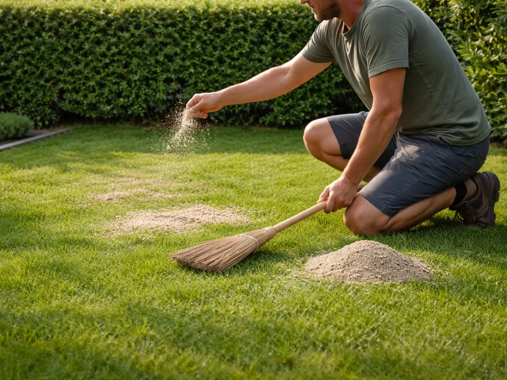 Tuinier met bezem en tuingrit die in het najaar gazon bijwerkt, met groen gras in helder licht.
