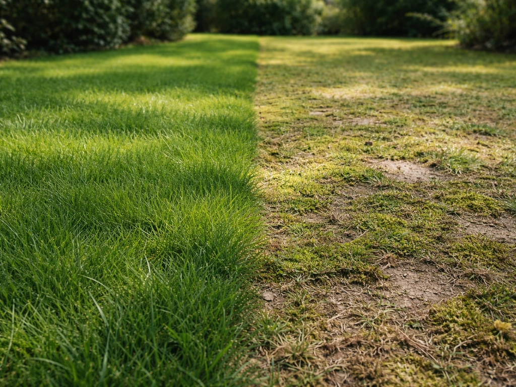 Gazon met duidelijke scheidslijn: dicht gras links, mos en kale plekken rechts