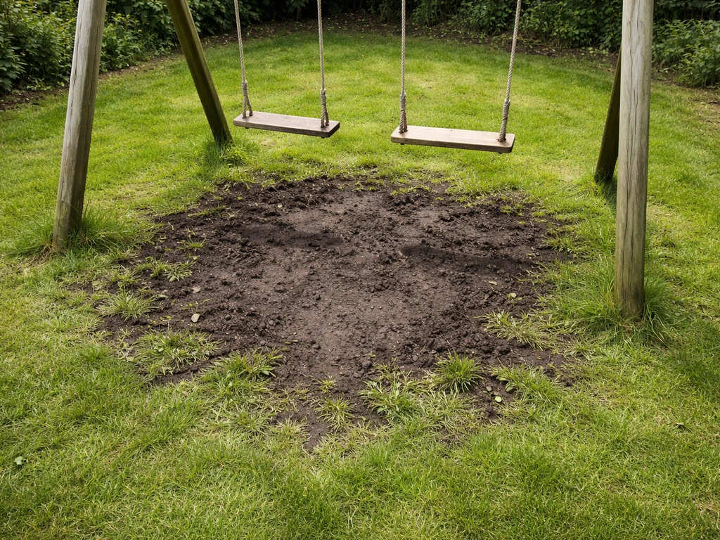 Kale, modderige grasplek direct onder een schommel in een rustige achtertuin