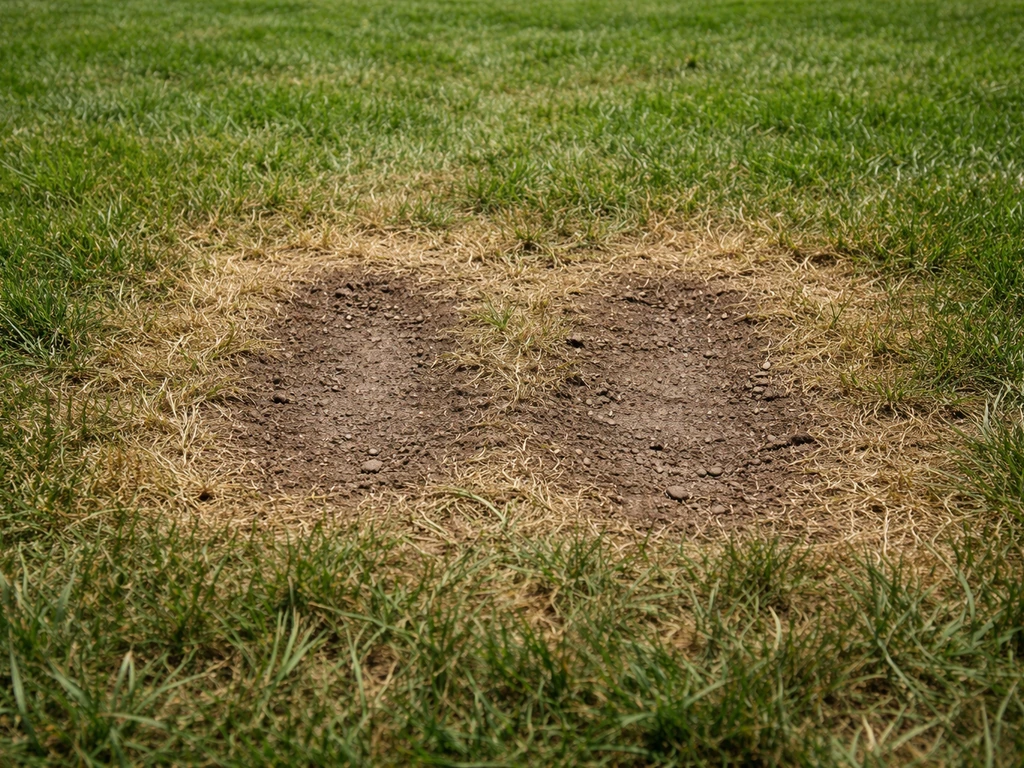 Close-up van een ingedrukte grasmat onder een schommel met kale plekken en verdichte grond.