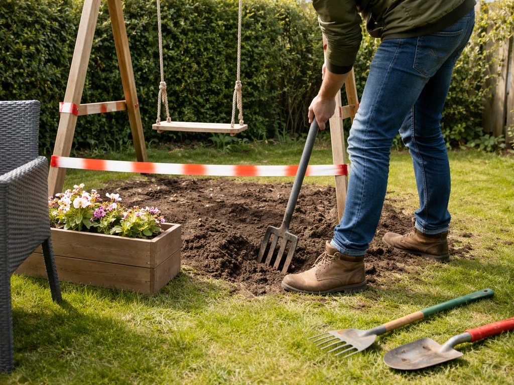 Anonieme tuinier maakt met tuinvork/spade de grond los bij een tijdelijk afgezette schommel, met stoelen/bloembak als ba