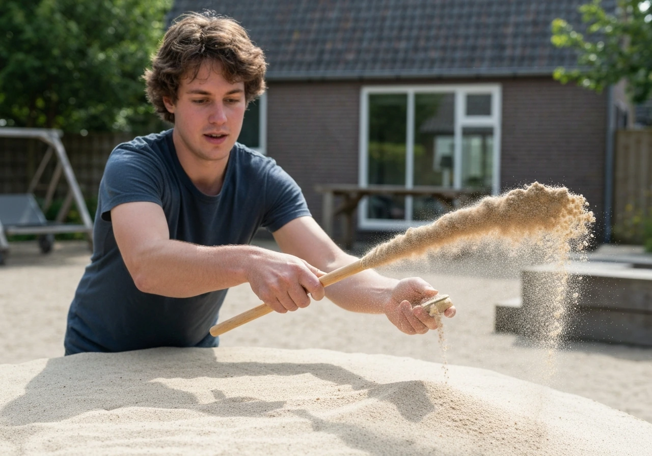 Handen met schep en hark die zand egaliseren over een gazon voor een egaal oppervlak
