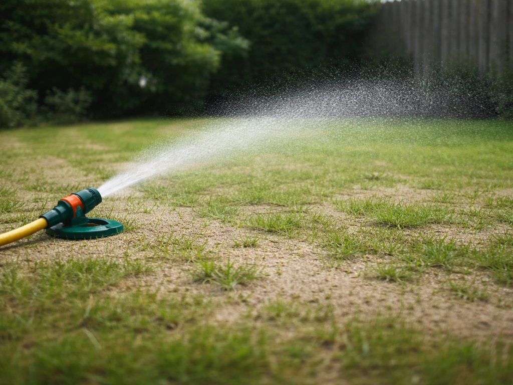 Tuinier beregent een gazon na het bezanden met fijne nevel; vers gras komt weer op