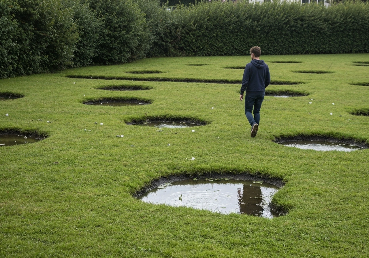 Persoon loopt door nat gazon en kijkt naar waterplassen die blijven staan na een regenbui.
