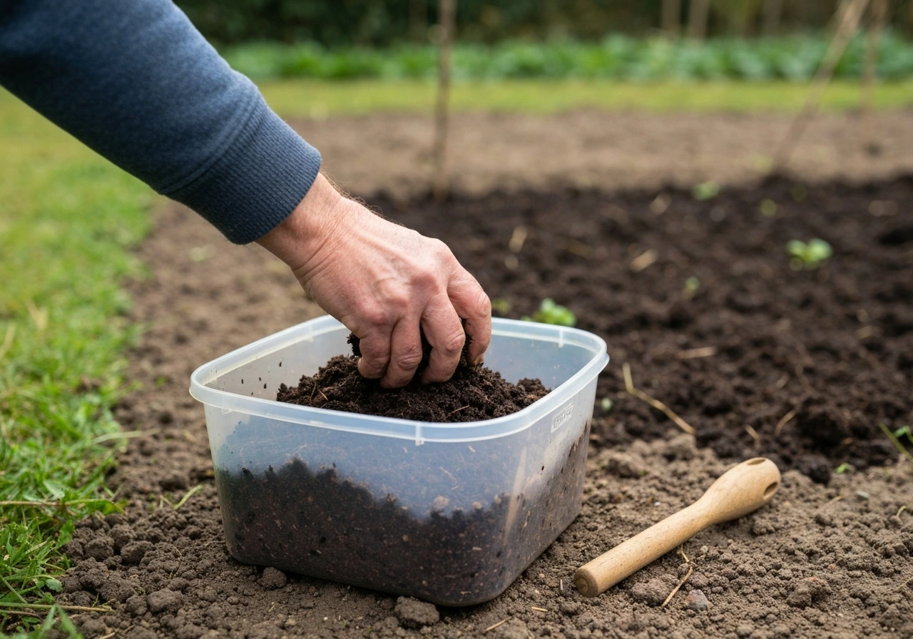 Tuinbak met compost en handhouwerktuig die compost mengen en doseren voor gazondrainageherstel.
